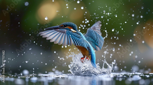 common kingfisher diving for fish with water splashes