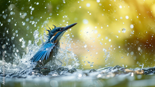 common kingfisher diving for fish with water splashes