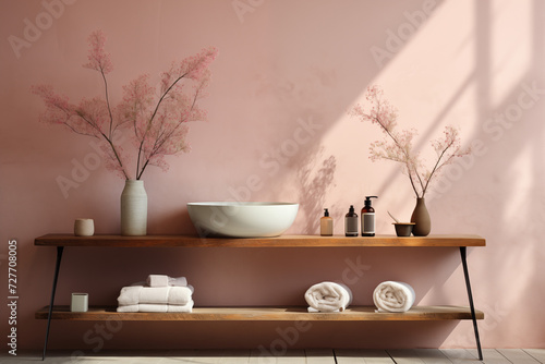 Wallpaper Mural A serene bathroom scene with a wooden shelf holding skincare products, white towels, and vases with dry plants against a pink wall. Concept: spa-like home decor. Torontodigital.ca