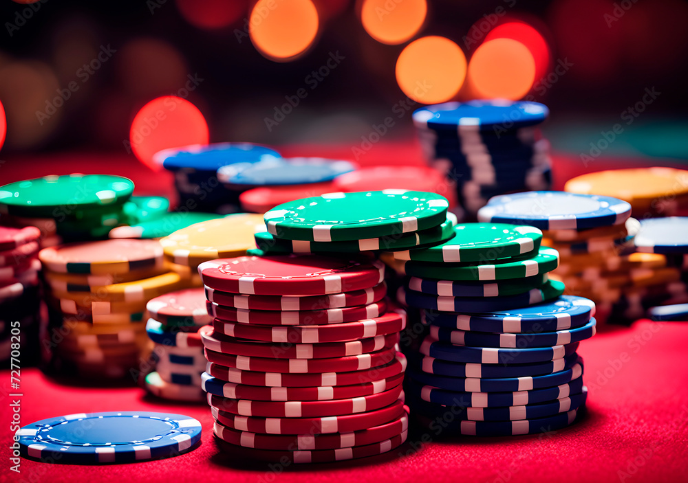 Stacks of poker chips on a red casino table against a blurred background with colorful lights. Generative AI Stacks of poker chips on a red casino table against a blurred background with colorful lights. Generative AI