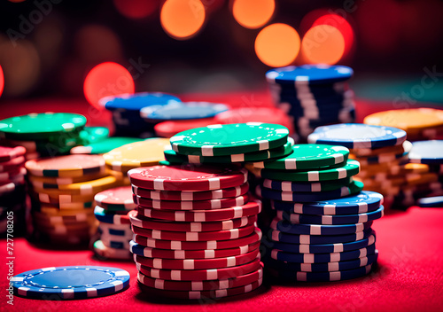 Stacks of poker chips on a red casino table against a blurred background with colorful lights. Generative AI