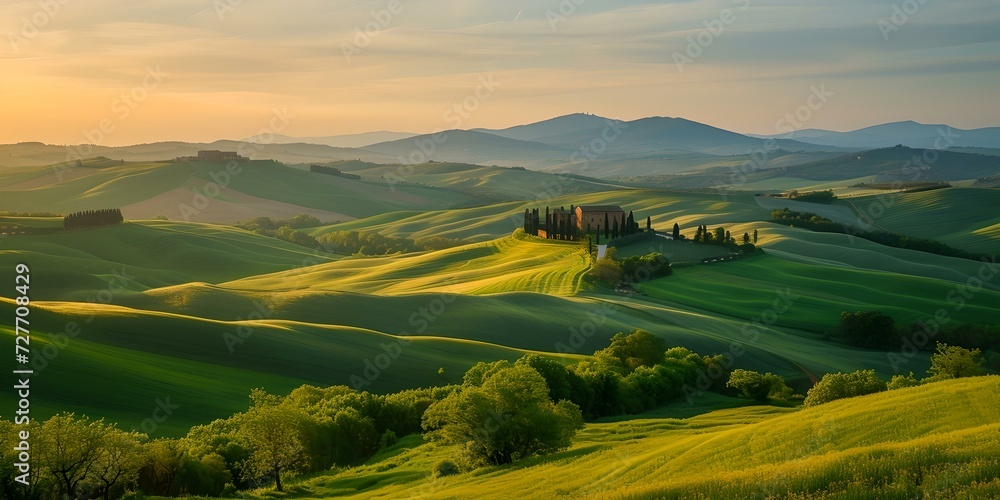 Tranquil sunrise over rolling hills, lush green fields painted with warm light. peaceful rural landscape at dawn. nature photography. AI