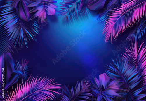 Tropical leaves bathed in blue and green illumination  framed by neon lights  offering a creative space for additional elements and copy.