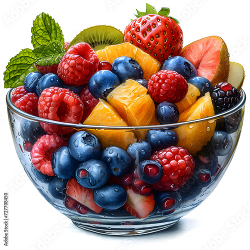 Colorful fruit salad in a glass bowl isolated on white background  sketch  png 