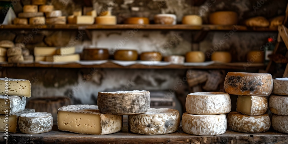 Artisan cheese selection on rustic wooden shelves. various gourmet cheeses on display at a market. perfect for culinary backgrounds. AI Artisan cheese selection on rustic wooden shelves. various gourmet cheeses on display at a market. perfect for culinary backgrounds. AI