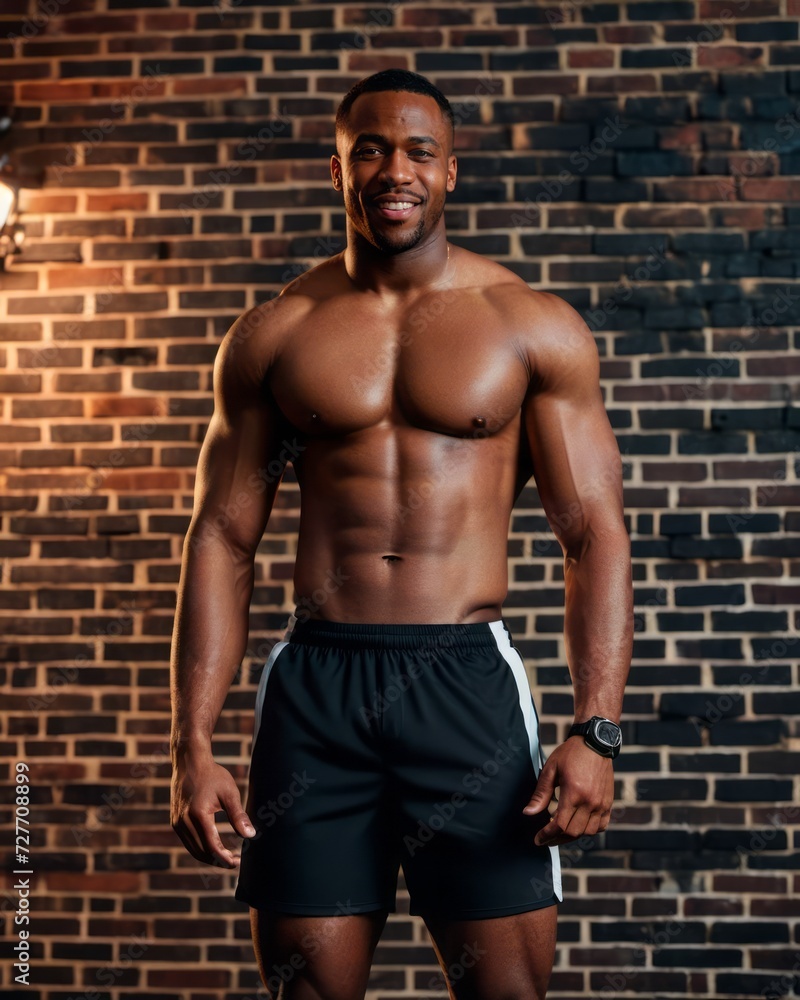 Fototapeta premium Well-built dark-skinned man with pronounced muscles stands confidently in the gym, showing his best physical condition.