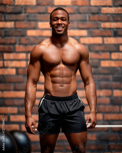 A well-built man with pronounced musculature stands confidently in the gym, showing off his best physical conditioning.