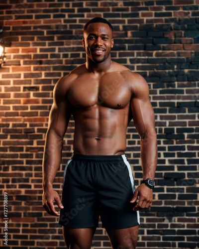 Well-built dark-skinned man with pronounced muscles stands confidently in the gym, showing his best physical condition.