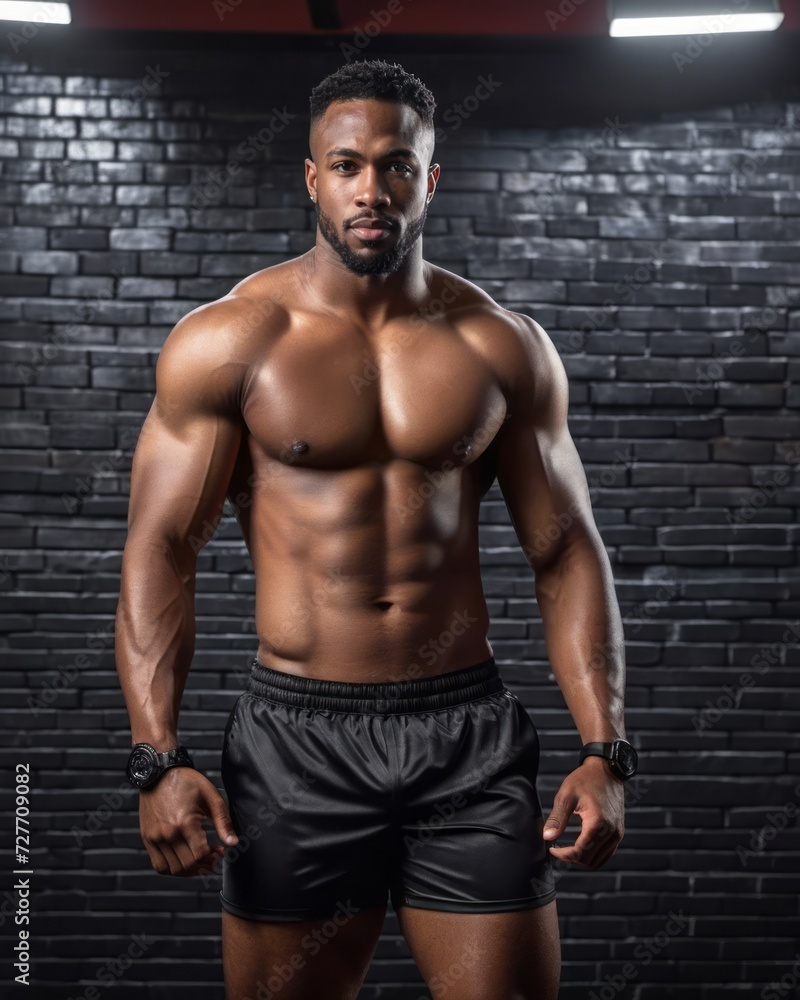 Fototapeta premium Well-built African-American man with pronounced muscularity stands confidently in the gym, showing off his best physical condition.