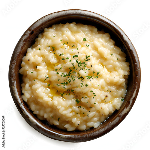 A close-up of a bowl of creamy risotto isolated on white background, hyperrealism, png 