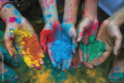 Close-up of young people's hands with colorful powder in their hands during Holi festival