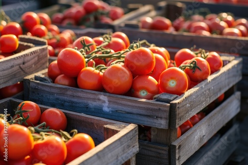 Tons of fresh tomatoes in wooden crates are placed in tomato farms before being shipped for sale.
