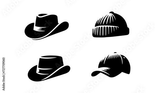 DIFFERENT HAT MASCOT LOGO ICON SET , BLACK AND WHITE HAT LOGO ICON SET