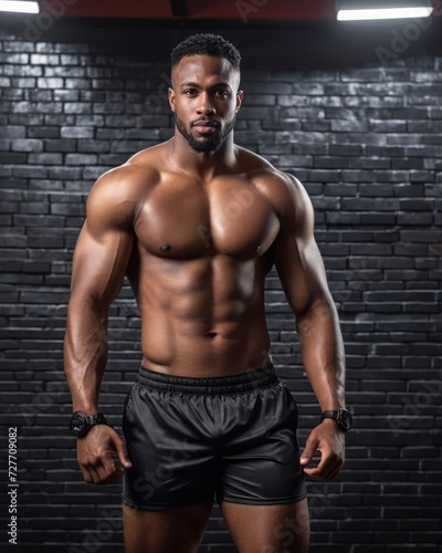 Well-built African-American man with pronounced muscularity stands confidently in the gym, showing off his best physical condition.