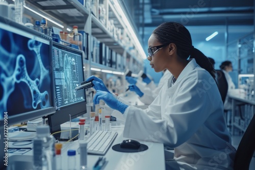A science lab where a diverse team of biochemistry scientists develops drugs. Female microbiologist working on computer with display showing