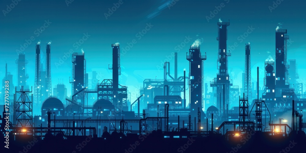 Vector illustration. Silhouettes of industrial plants. Blue oil refinery with pipes and gas production tanks Vector illustration. Silhouettes of industrial plants. Blue oil refinery with pipes and gas production tanks