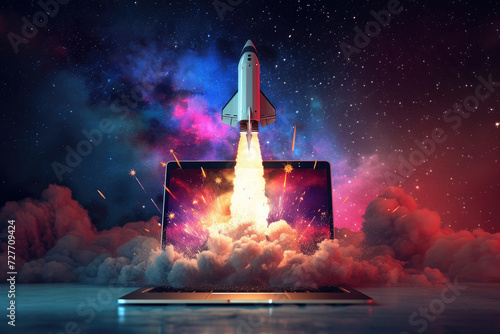 Space Rocket is launching From Laptop Screen photo