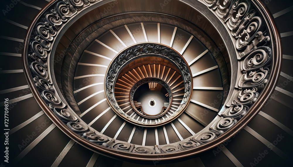 A captivating photograph of a spiraling staircase with ornate balustrades, creating a mesmerizing pattern as it descends into the darkness.Concept of interior design.AI generated.