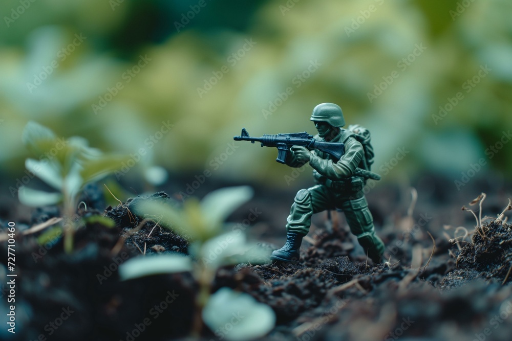 Geopolitical tension, toy army soldier holding a gun on a battle field.