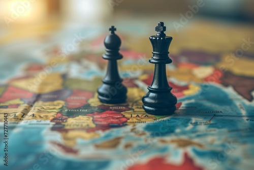 Geopolitical tensions two black chess piece over a map, queen and king