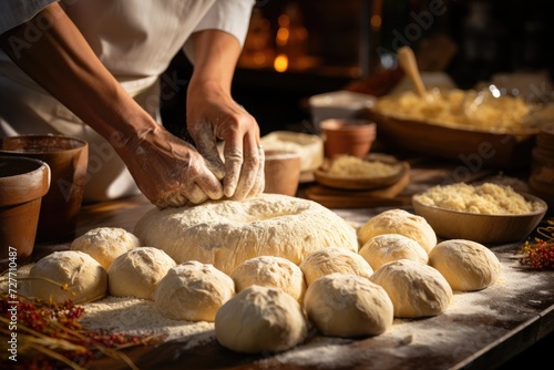 An individual is engaged in kneading dough on a table surface