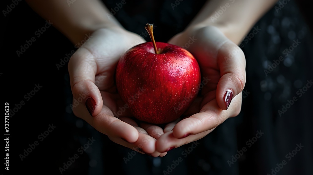 Close-up of a juicy red apple in palms against dark background. fresh fruit concept. healthy food imagery. AI Close-up of a juicy red apple in palms against dark background. fresh fruit concept. healthy food imagery. AI