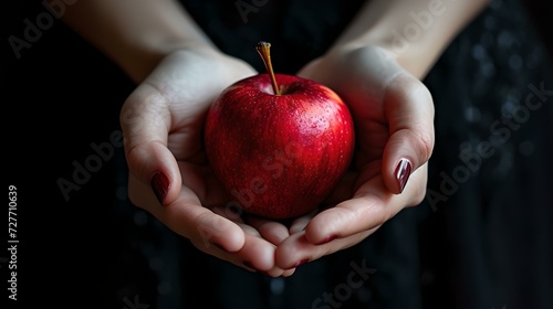 Close-up of a juicy red apple in palms against dark background. fresh fruit concept. healthy food imagery. AI photo