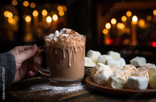 An individual relishing a warm mug of hot cocoa topped with fluffy marshmallows, holding the cup