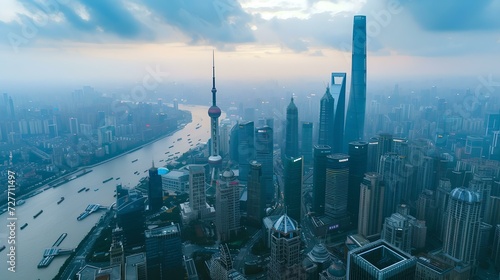 Dramatic urban skyline, serene river, aerial view of city. modern metropolis bustling at dawn. AI