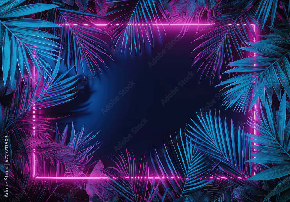 Tropical leaves bathed in blue and green illumination, framed by neon lights, offering a creative space for additional elements and copy.