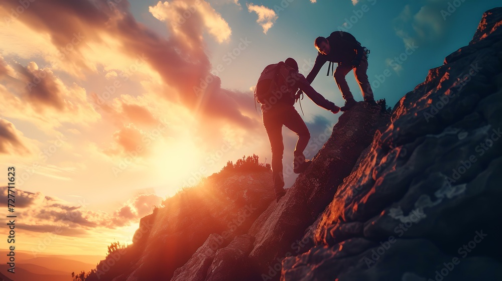Two hikers climbing a steep mountain at sunset, adventure and teamwork conceptual photographic image. AI