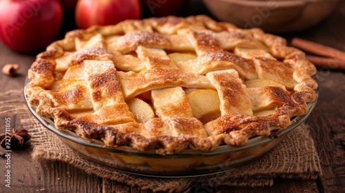 A homemade apple pie, golden-brown crust, filled with cinnamon-spiced apples, a symbol of American comfort. © yganko