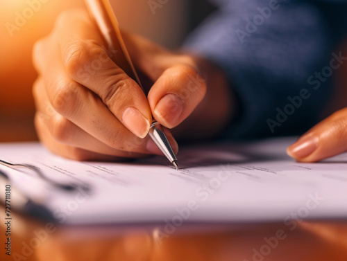 hand signing a compliance agreement, focusing on the intricacies of the hand movement, the pen, and the paper texture under warm office lighting