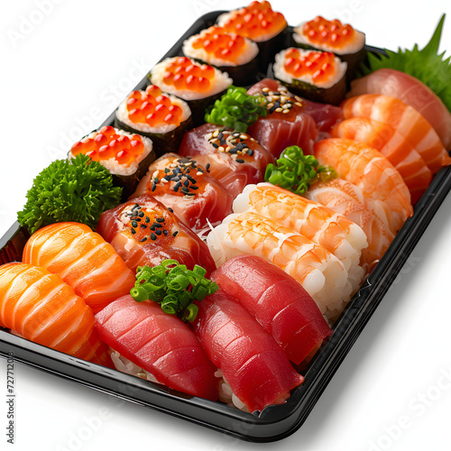 A tray of assorted sushi and sashimi isolated on white background, simple style, png 