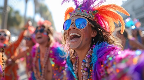 A group of friends in vibrant costumes, dancing joyfully in the midst of Mardi Gras festivities.