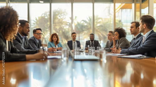 corporate meeting focused on compliance, featuring diverse professionals engaged in a serious discussion around a large, polished conference table