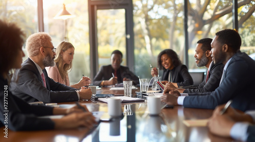 corporate meeting focused on compliance, featuring diverse professionals engaged in a serious discussion around a large, polished conference table