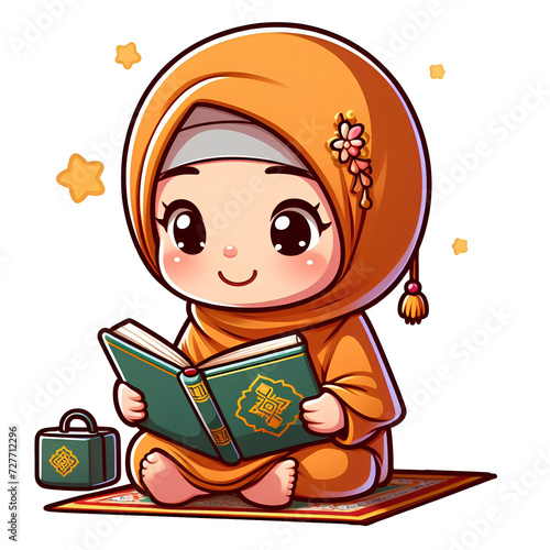 adorable kid character reading Al quran in cartoon style on transparent background