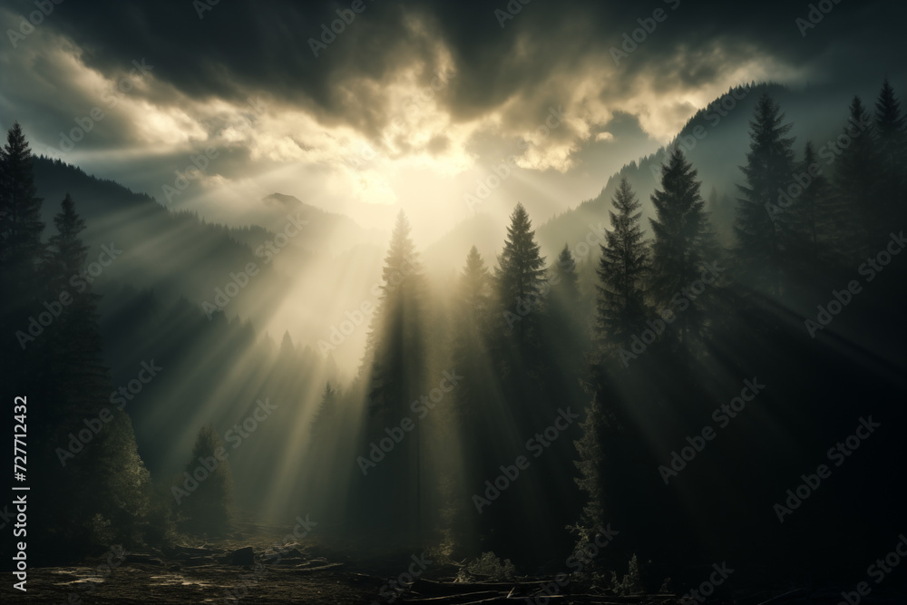 Dramatic sky with sunrays illuminating dark, dense forest. Concept for natures beauty, wilderness exploration, or environmental conservation. - obrazy, fototapety, plakaty 