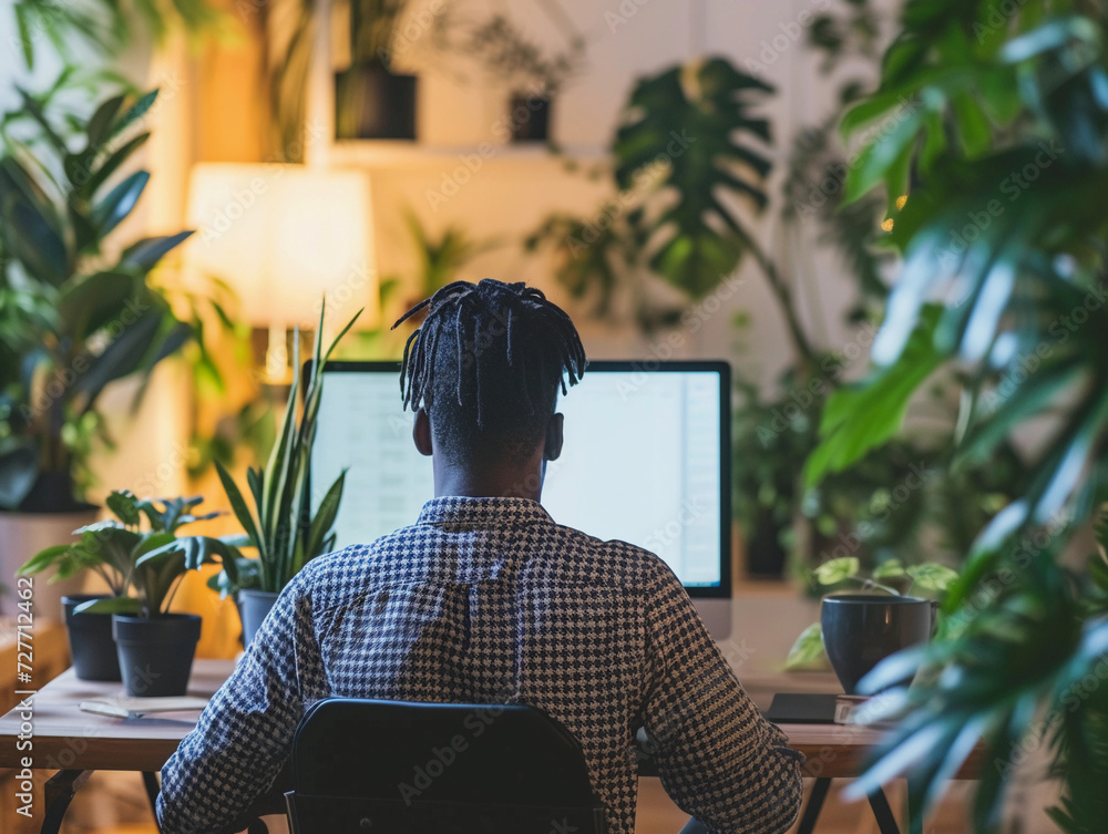 sitting at a computer, deeply engaged in an online learning course, surrounded by a serene, organized workspace, soft lighting illuminating their focused expression, symbolizing continuous learning sitting at a computer, deeply engaged in an online learning course, surrounded by a serene, organized workspace, soft lighting illuminating their focused expression, symbolizing continuous learning