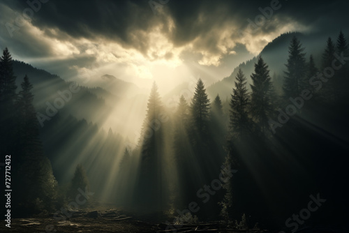 Dramatic sky with sunrays illuminating dark, dense forest. Concept for natures beauty, wilderness exploration, or environmental conservation.