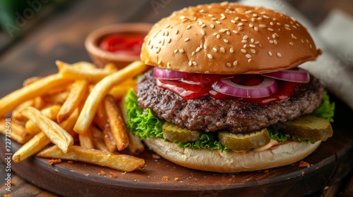A juicy hamburger with crispy fries, an American classic, served with ketchup and pickles.