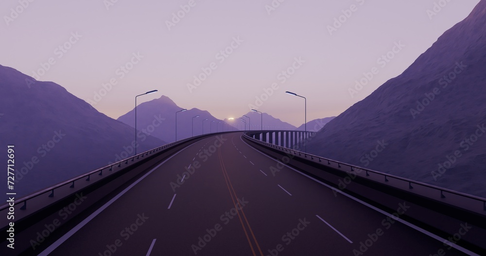 Empty asphalt road that passing between sunrise hazy mountains. 3D rendering.