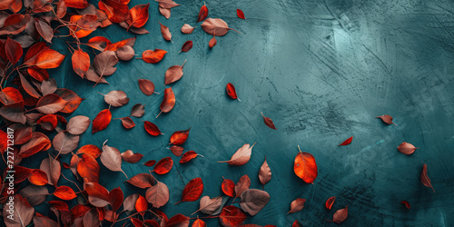 An autumn backdrop featuring red leaves against a blue slate background. Captured from a top view, providing ample copy space
