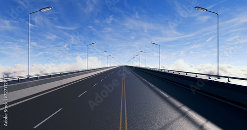 Empty asphalt road on clouds continue forever. Blue sky and sea of clouds. 3D rendering. © FlatFloatCreation