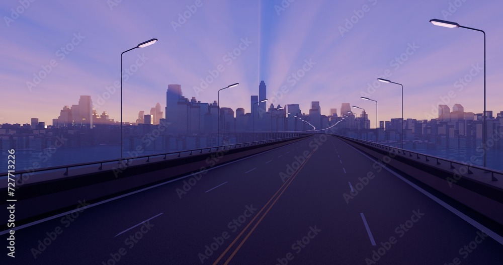 Empty asphalt road. Futuristic morning cityscape. Morning sun beam and quiet port town. 3D rendering.