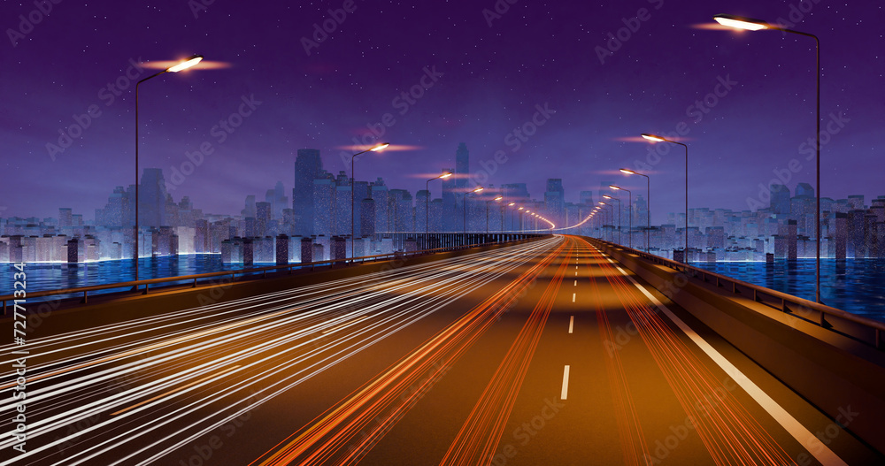 Asphalt road and vehicle light trails.  Futuristic night cityscape of hazy port town. 3D rendering.