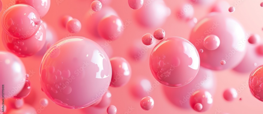 Rendering 3d pink spheres of balls on pastel pink background. Generated AI image