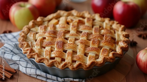 A homemade apple pie, golden-brown crust, filled with cinnamon-spiced apples, a symbol of American comfort.