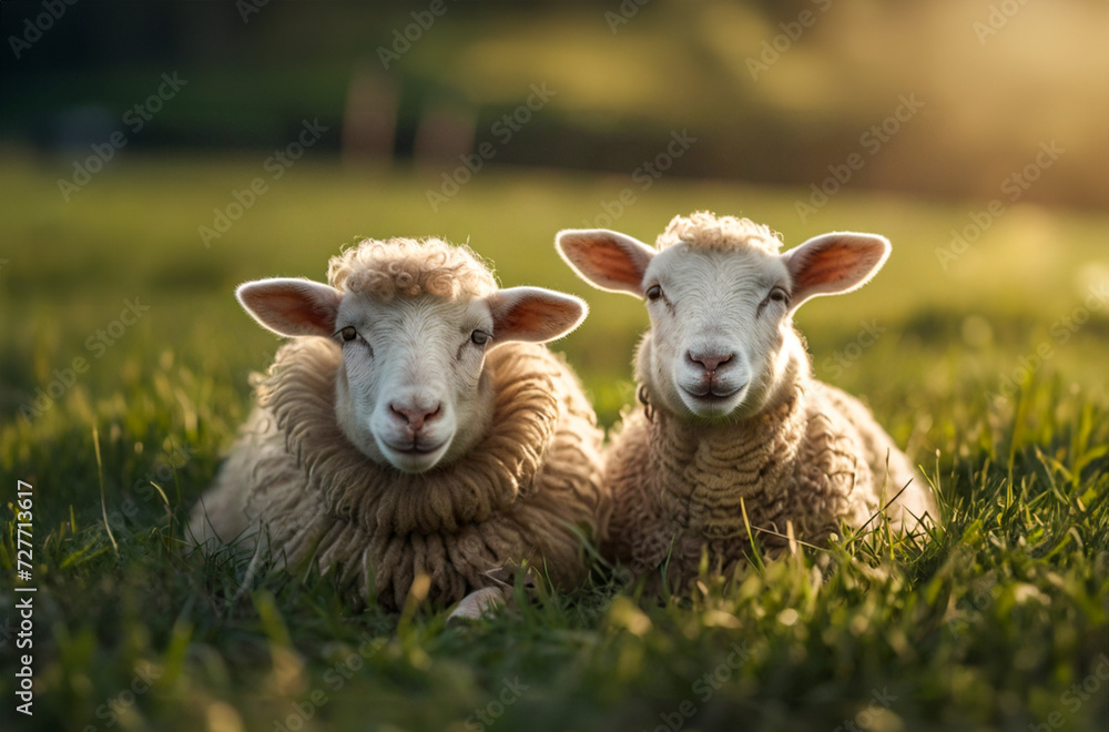 Two adorable young lambs relaxing in grass field  generative AI